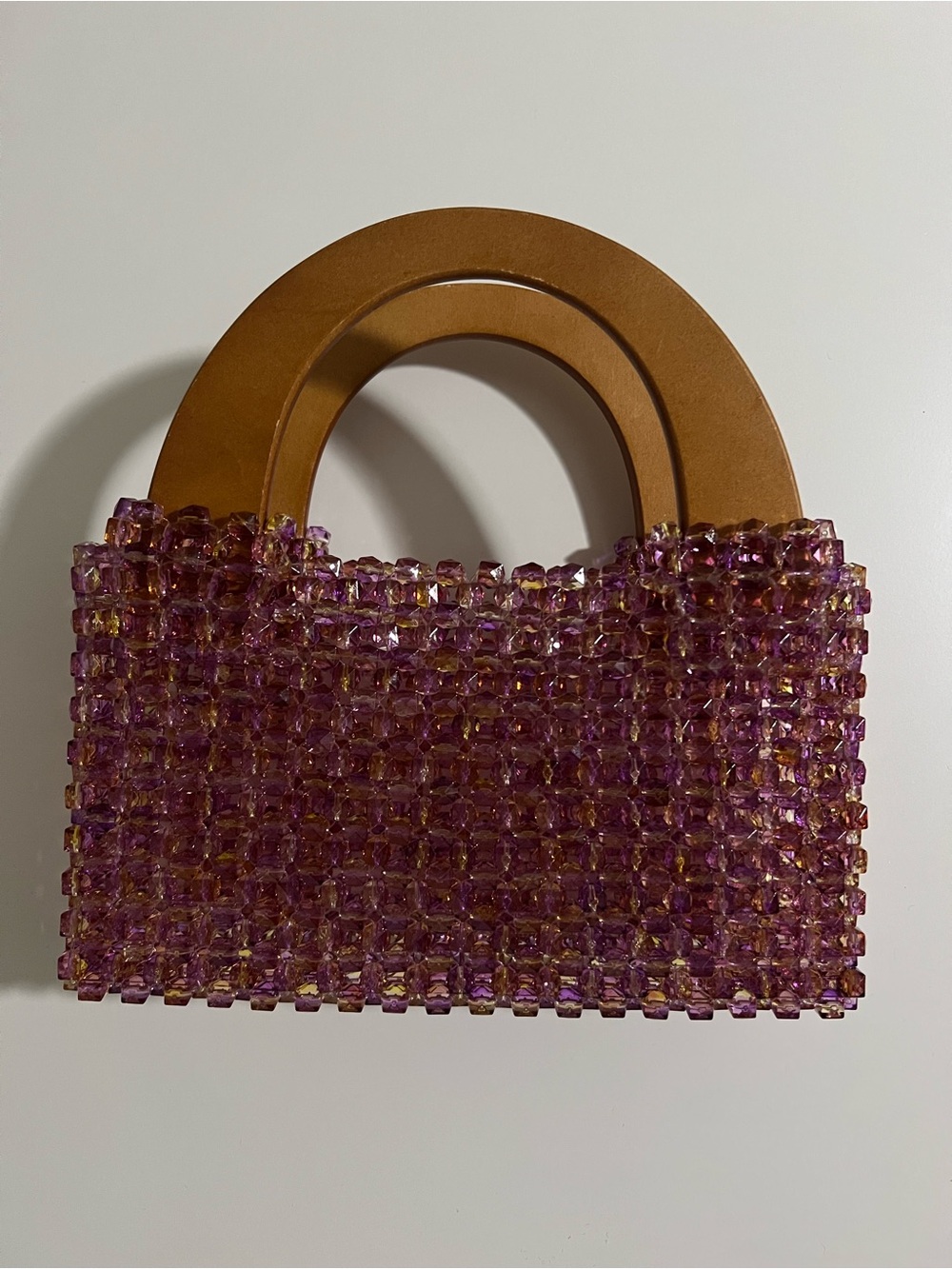 Handmade Beaded Purple Mini Tote Bag with Wooden Handles